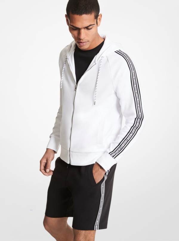 Panske Mikiny S Kapucňou Michael Kors Logo Tape Cotton Blend Zip-Up Biele - Oblecenie Michael Kors Slevy | LTENI-5937